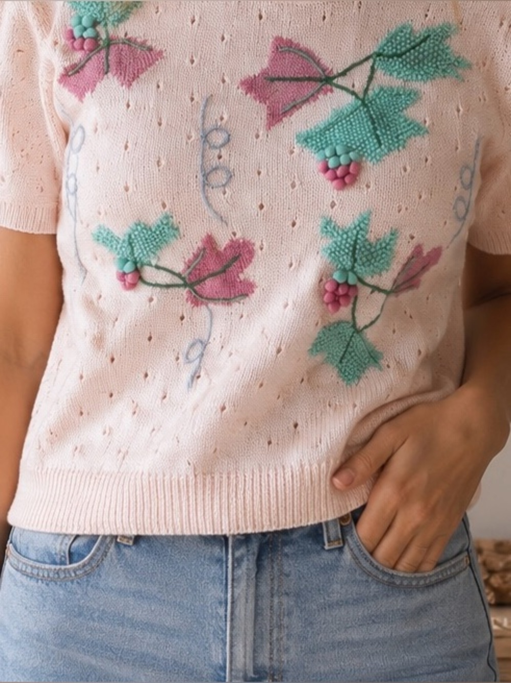 VTG 70s 100% Cotton Knit Sweater Pink Embroidery Wmns XL Cottagecore Granny Core
